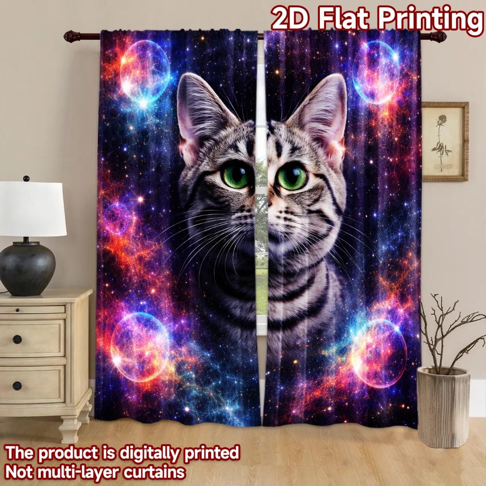 2D Flat Printing 2pcs Curtain Party Window Curtains Cosmic Cat Portrait Digital Printed Polyester Drapes Birthday Party Use for
