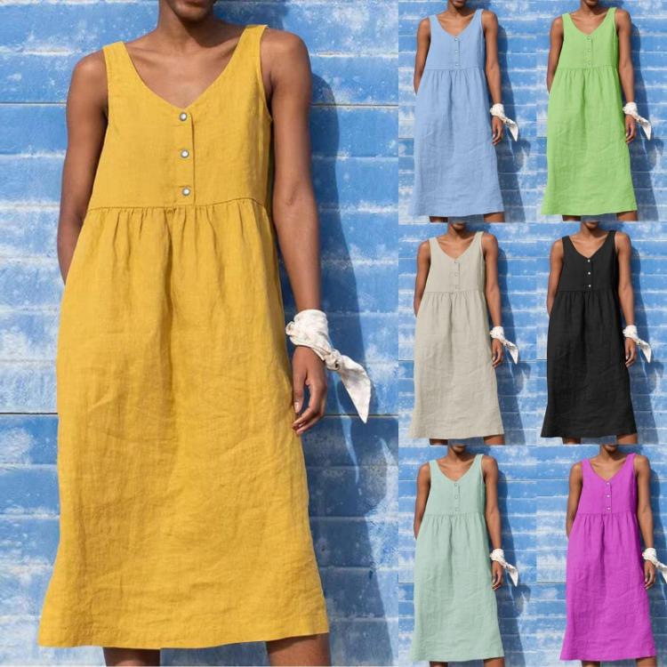 Summer Boho Dress Women Casual Cotton Linen Sleeveless Large Size Holiday Fashion Spring Dress
