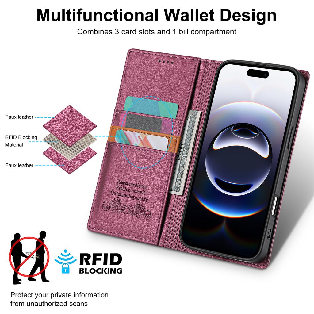 Magnetic Flip Leather Wallet Case for iPhone 17 Pro MAX 16 Plus 15 14 16E AIR with RFID Blocking Feature