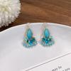 Spring/Summer New Ethnic Style Turquoise Floral Tassel Earrings for Women, Niche High-End Elegant Vacation Stud Earrings