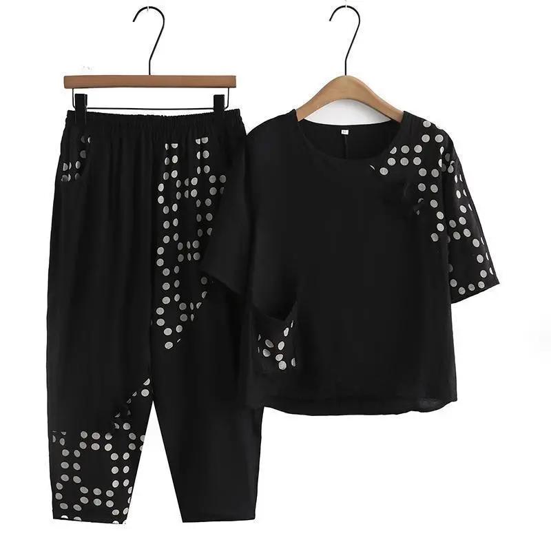

Летний комплект из двух предметов с коротким рукавом, круглым вырезом, тонкий, свободный, в стиле ретро, из хлопка и льна, одежда для женщин среднего возраста L чёрный