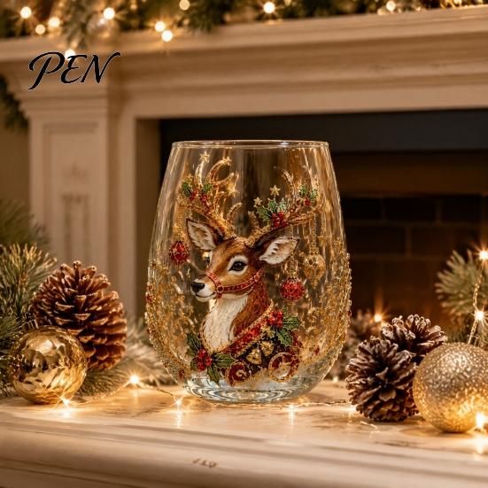 Elegant Wine Glass Set Creative Transparent Santa Claus Pattern Mug, 3D Embossed Christmas Aesthetic Tea Cups, Drinking with Tree Wreath Socks Design,