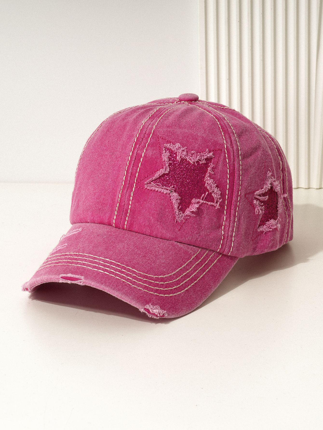 

Стильная унисекс хлопковая бейсболка с эффектом стирки, звездой, изогнутым козырьком и держателем для хвостика M (56-58cm) розовый