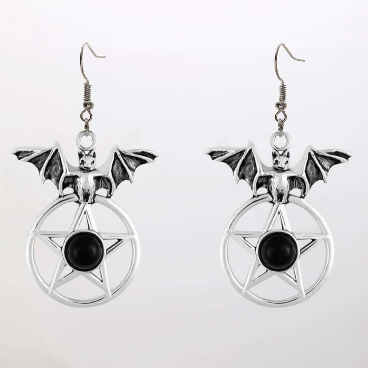 

Goth Punk Sliver Color Vampire Bat Five-pointed Star Red Crystal Pendant Dangle Earrings for Women Halloween Party Witch Jewelry