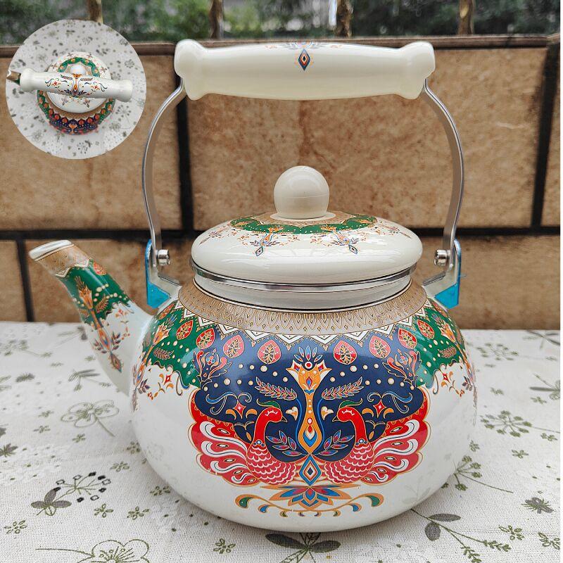 2.5 Quart Vintage Enamel Tea Kettle Green Floral Enamel on Steel Teapot with Handle for Stovetop Home Afternoon Tea Set Kettle