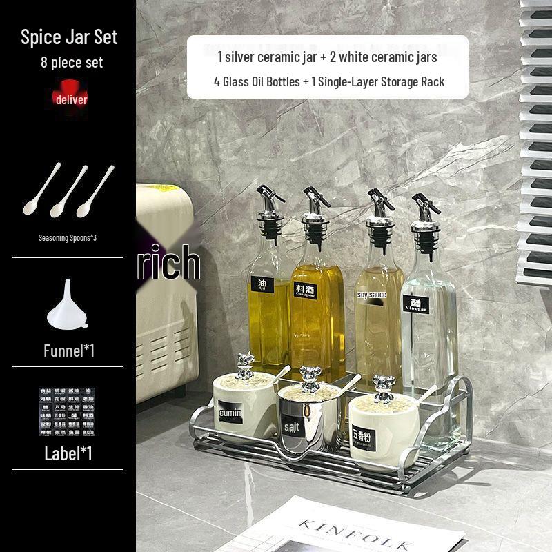Ceramic Kitchen Seasoning Set: Salt Shaker, Oil & Soy Sauce Bottles, Vinegar Jars, and Seasoning Box.