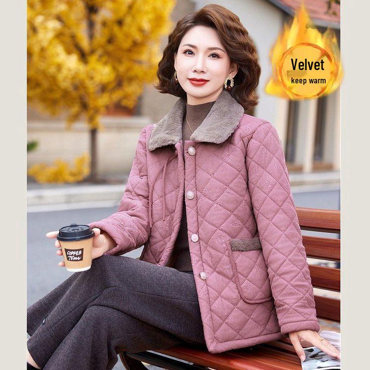 New Style Velvet-Lined Autumn/Winter Cotton Jacket for Middle-Aged Women (40s-50s)