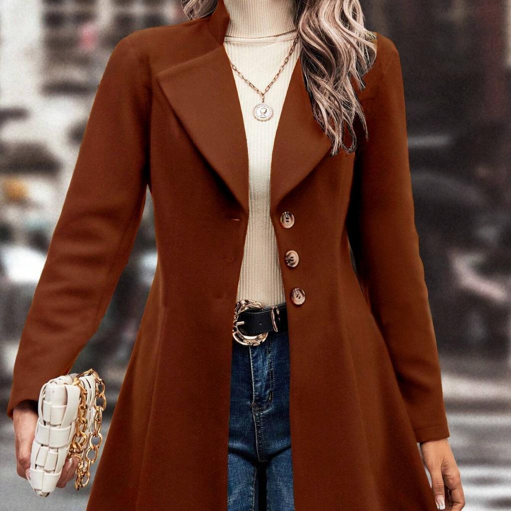 Europäischer Stil Damenbekleidung: Stilvoller und eleganter taillierter Mantel mit Kragen, geeignet für Herbst und Winter, erhältlich in Unifarben.