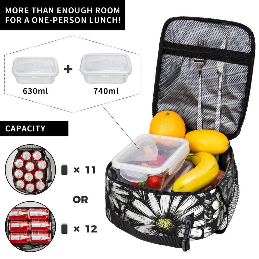 Cartoon Black And White Daisy Pattern Insulated Lunch Bag for Women Kids Portable Food Boxes Thermal Lunch Box Tote