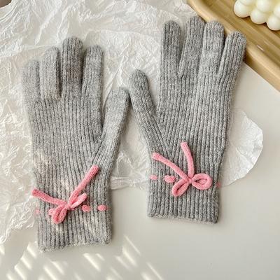 Autumn and Winter New Solid Color Cute Bow Korean Style Sweet Split Finger Touch Screen Student Cold Proof Warm Gloves