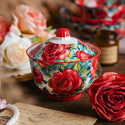 Exquisite Rose Flower 4.8" Ceramic Stew Pot - One Piece Underglaze Design, Elegant Daily Bowl Tableware
