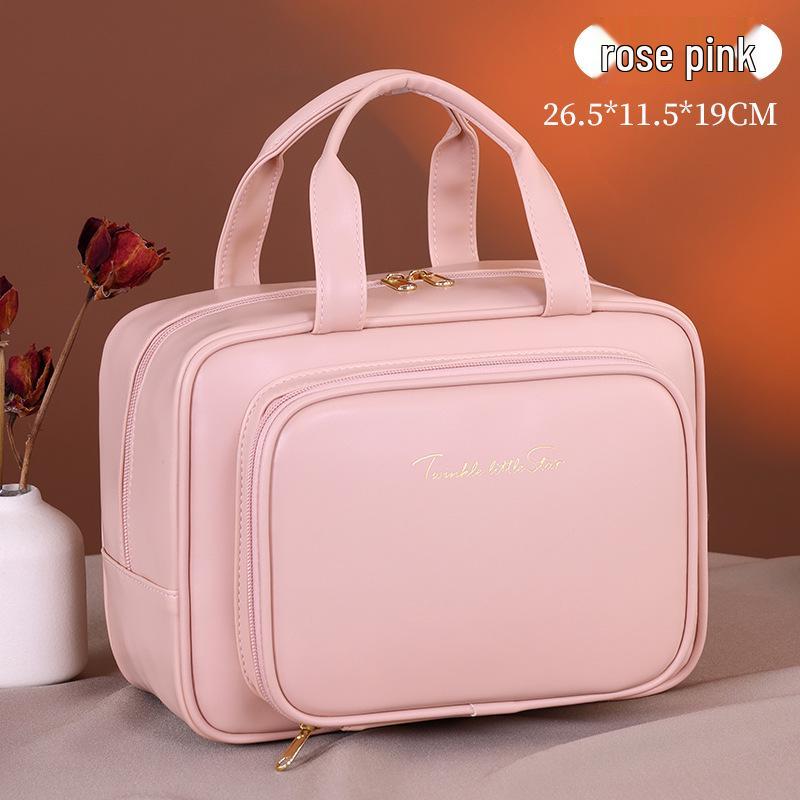 Luxury Large-Capacity Travel Cosmetic Bag with Partitioned Storage and Patch Pockets