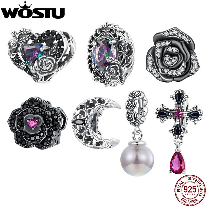 WOSTU 925 Silver Vintage Gothic Black Rose Flower Heart Beads, Retro Pearl Pendant Rainbow Charms Fit DIY Jewelry Make
