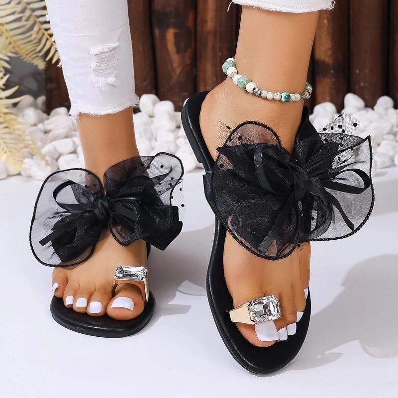 Zehensteg-Sandalen Damen Sommer Seiden-Schleife Strand-Flip-Flops Flache Absätze Hausschuhe Schuhe