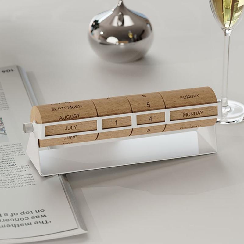 Contemporary Wooden Tabletop Rotating Permanent Calendar With Metal Base Month Week Day Date Display For Gift And Decors