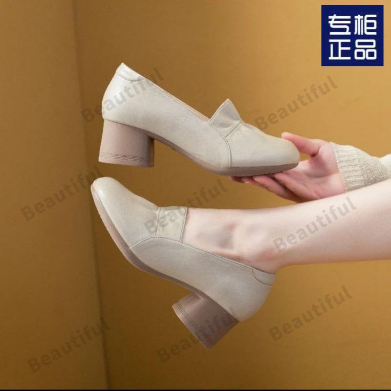 Summer New Shoes Mother Shoes Women's Soft Sole Soft Surface Simple Temperament Medium Heel Thick Heel Single Shoes Women's Medium Shoes