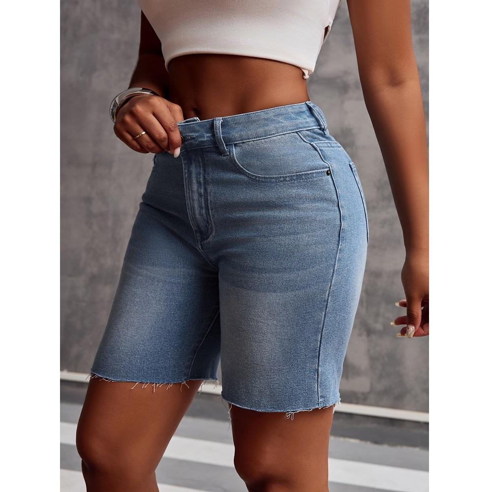 Women Summer Denim Shorts High Waist Solid Color Pockets Jean Short Pants
