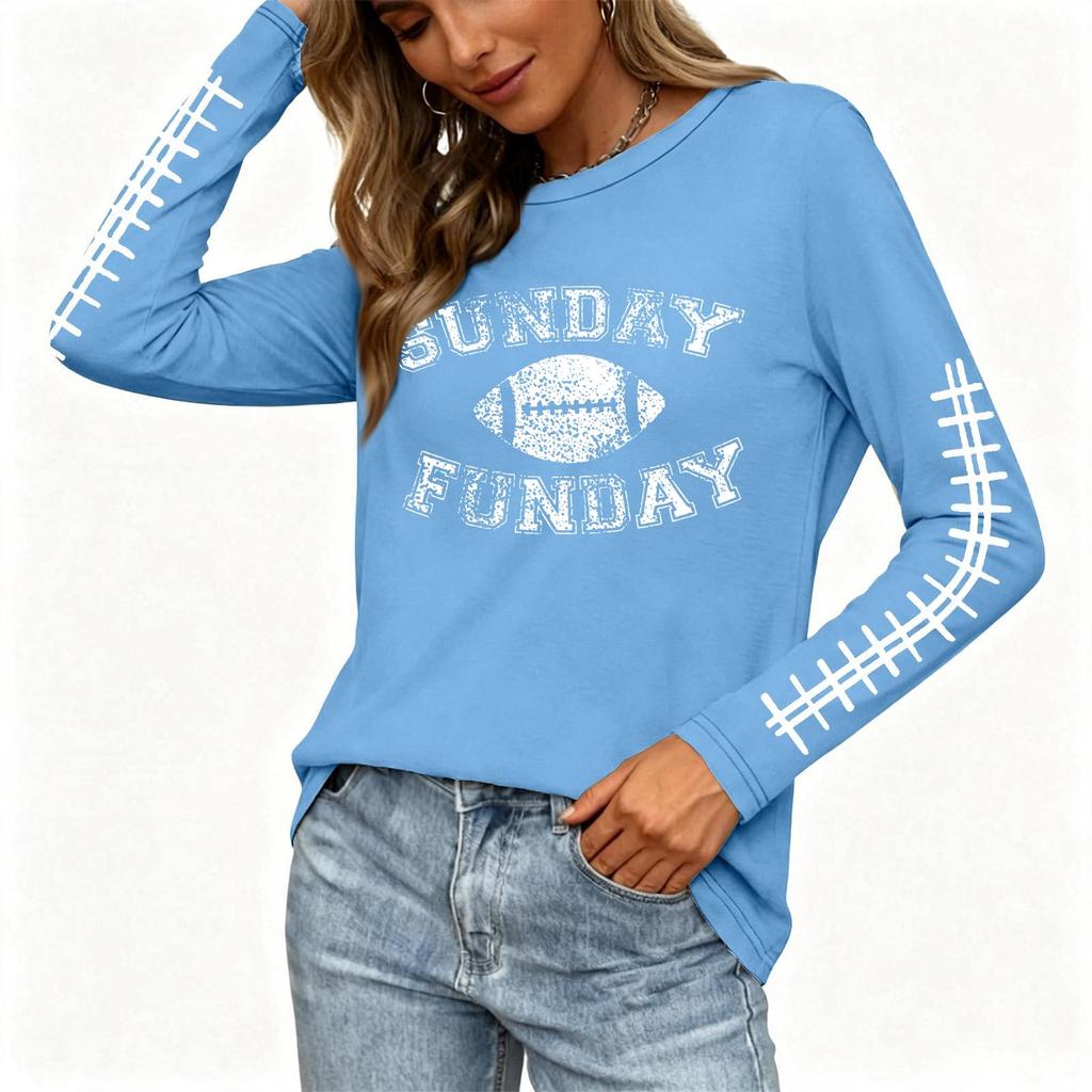 Women's Fashion Long Sleeve Neck Top with Rugby Graphic Print and Side Split Hem