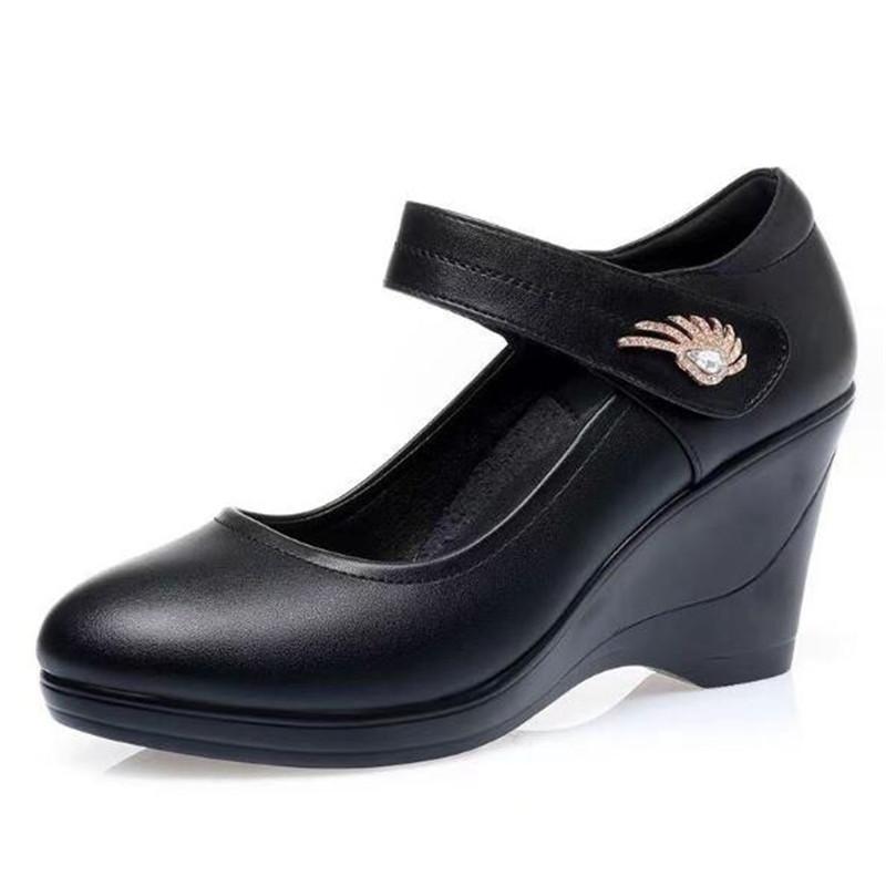 Fashion Women Fashion Comfort Buckle Strap Pumps Lady Casual Black Soft Leather Office High Heel Shoes Wedges Women Single Shoes