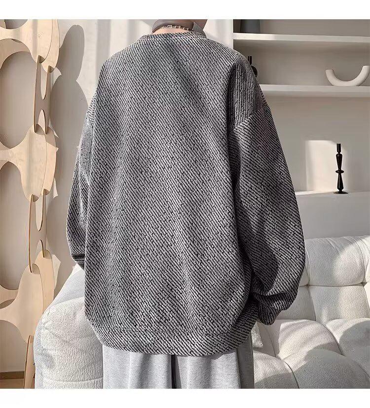 Men's Velvet Chenille Stripe Hoodie, Autumn/Winter, Warm Round Neck, Trendy American Style Pullover.