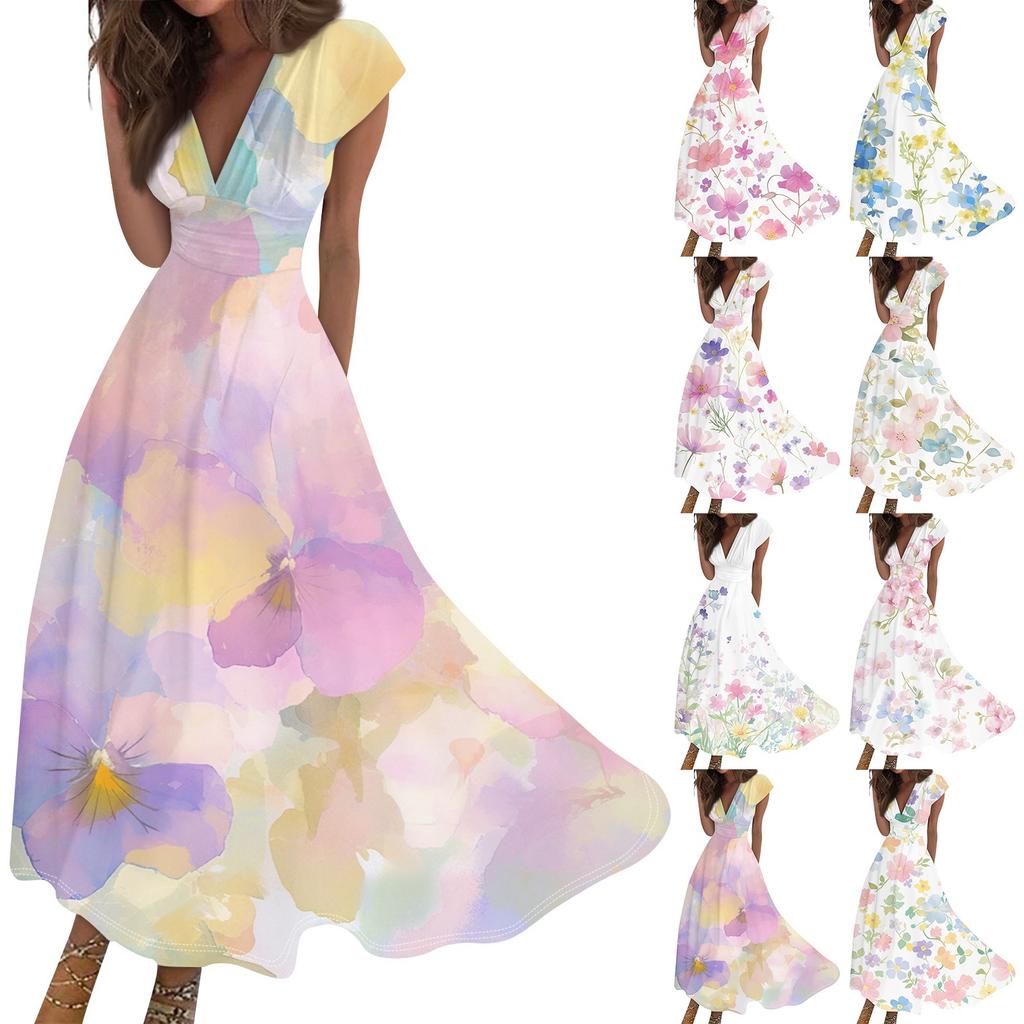 Women's Long Casual Dress Summer Short-Sleeve V-Neck Waist Retraction Printed Dress