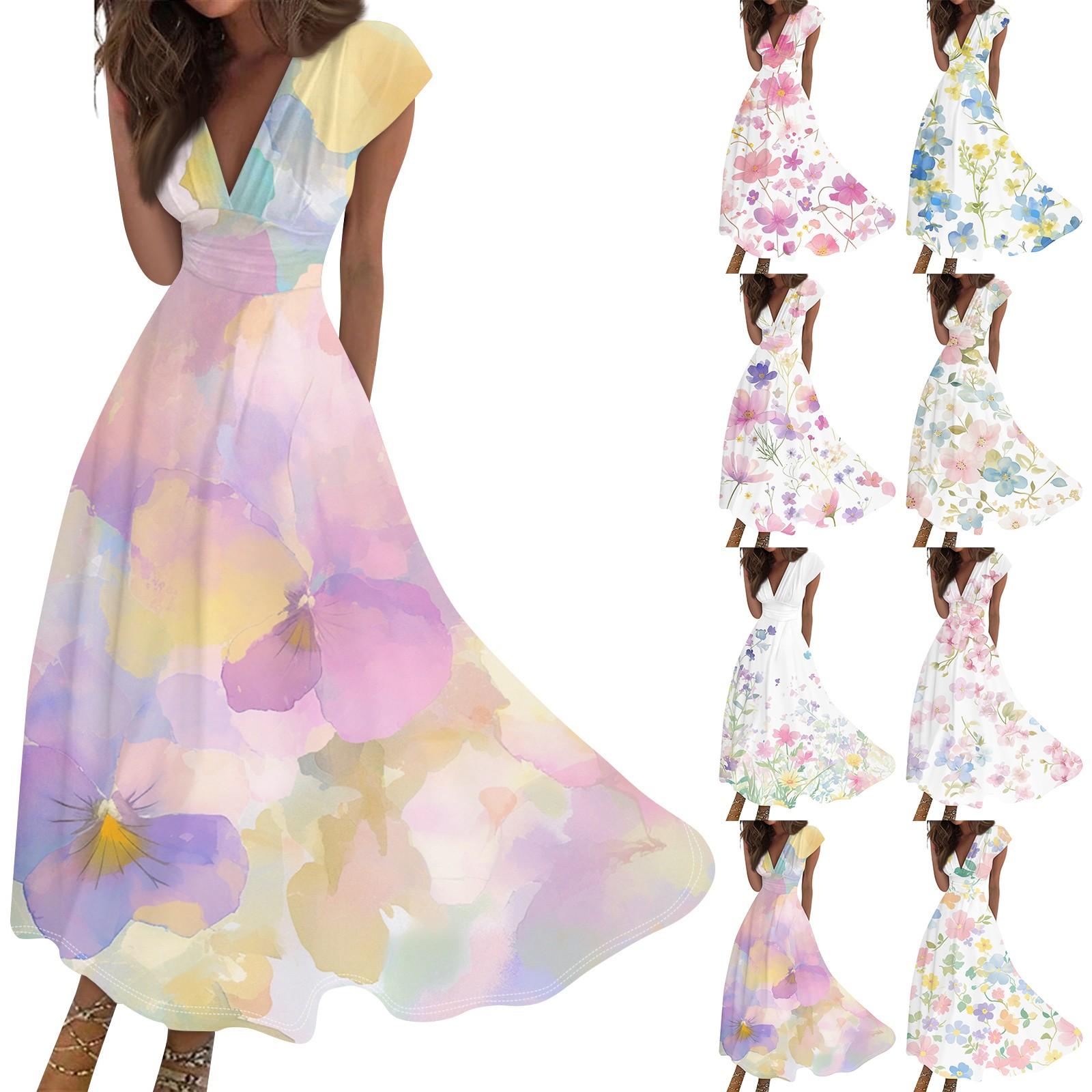 

Women s Long Casual Dress Summer Short-Sleeve V-Neck Waist Retraction Printed Dress M