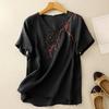 Dimanaf 2025 Women Summer Plus Size Loose T-Shirt Printing Short Sleeve V-Neck Linen Basic Thin Vintage Tops Tees Maxi