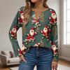 Women's Fashion Casual V-Neck Button-Up Long-Sleeve T-Shirt With Christmas Print Top