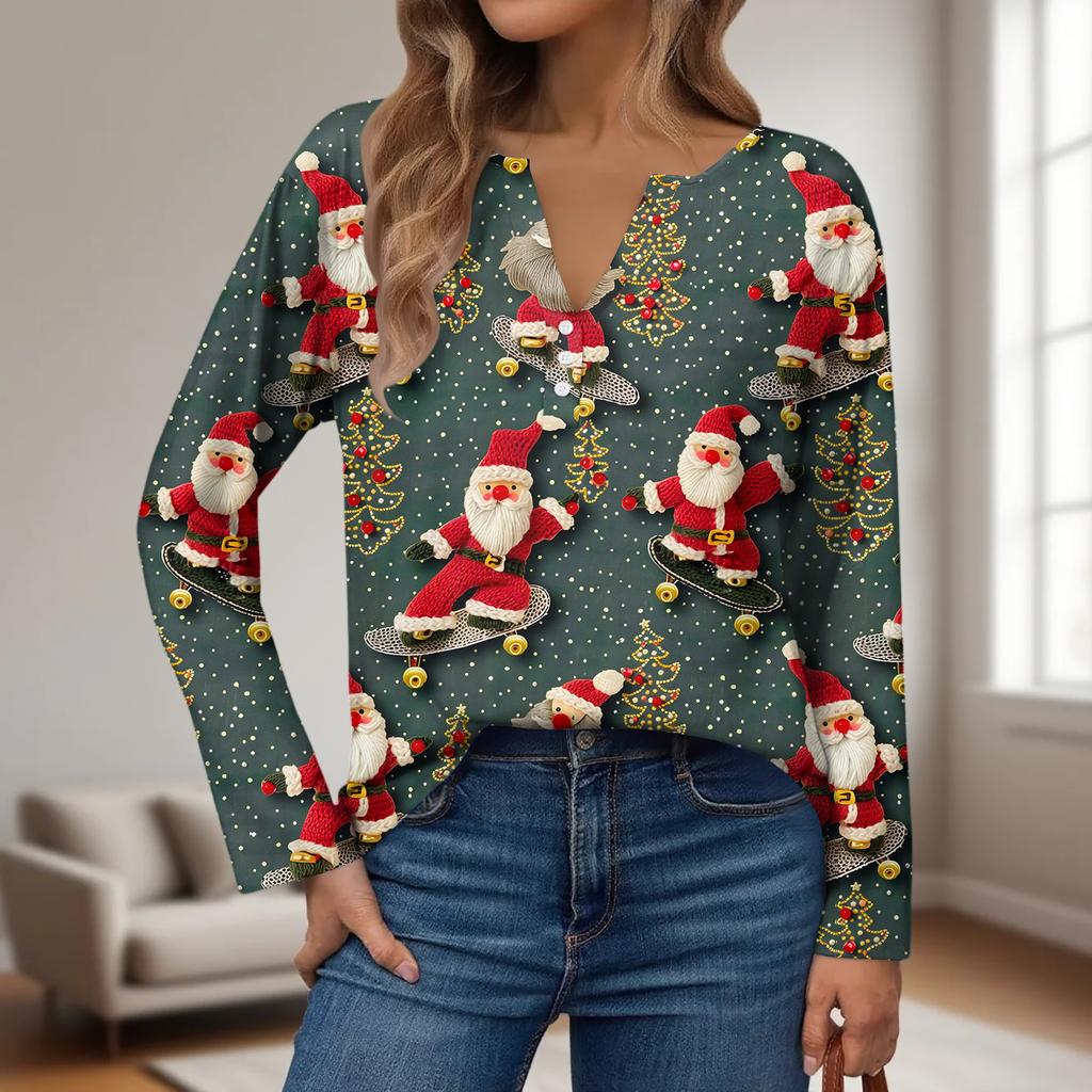 Women's Fashion Casual V-Neck Button-Up Long-Sleeve T-Shirt With Christmas Print Top