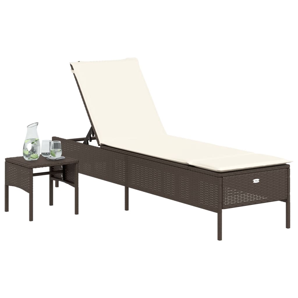 Sun Lounger with Table and Cushion Brown Poly Rattan