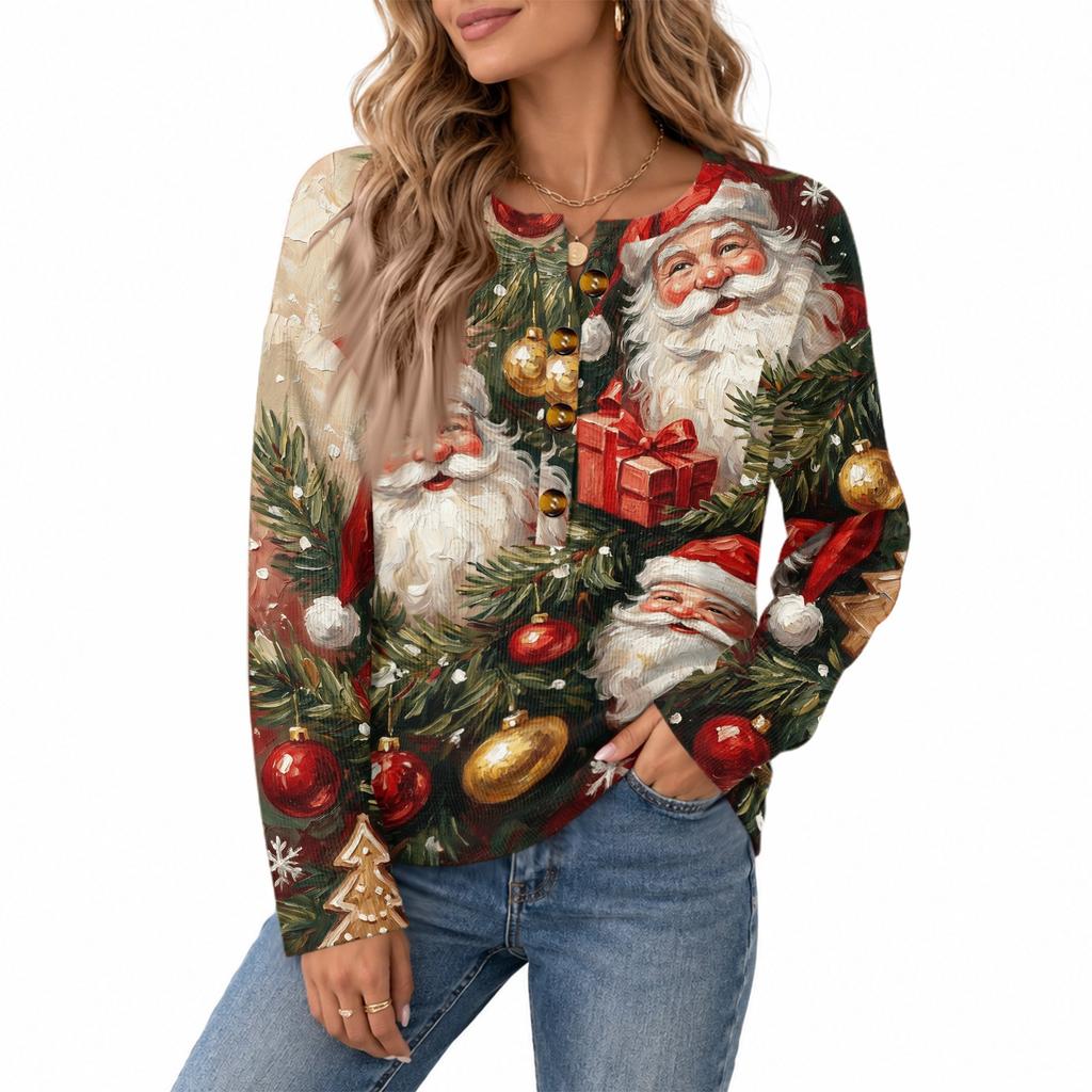 Damen Strickoberteil mit Knopfleiste und Weihnachtsdruck, Langarm, für festliche Freizeitkleidung