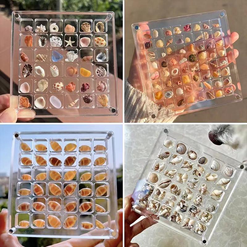 1Pc Rock Collection Box For Bead Nail Jewelry Acrylic Magnetic Seashell Storage Box 36/64 Grids Small Craft Organizers Container