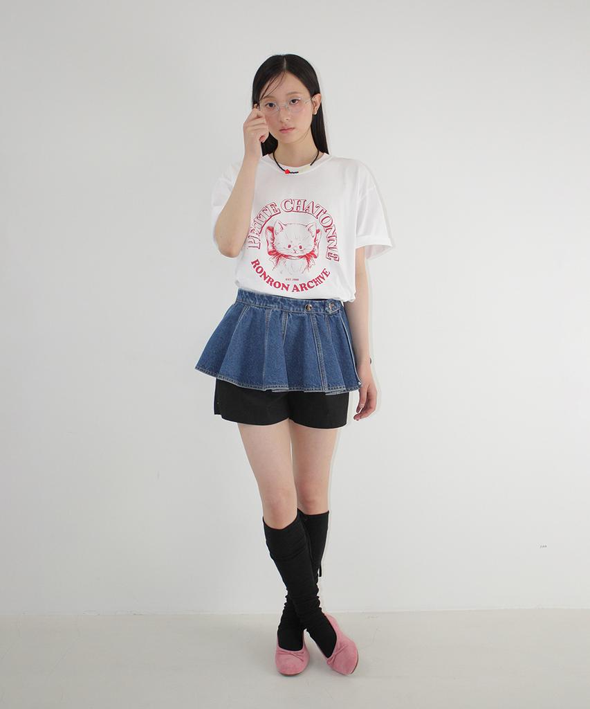 RONRON Ribbon Chatonne Over Fit T Shirt White