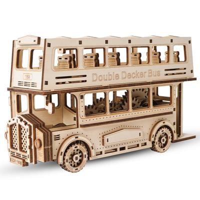 Hallisun 3D Wooden Puzzle Assembling 3D Puzzle Luxury Double Decker Bus Moving Mechanical Craft Handicraft DIY Mechanical Toy Hobby Christmas Day