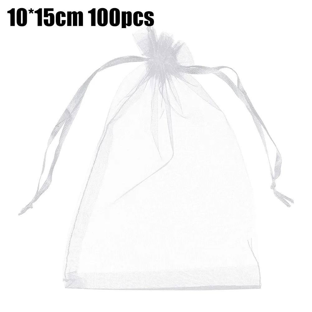 100Pcs White Organza Bags Jewelry Drawstring Pouches Wedding Party Christmas Candy Bags Jewelry Packing