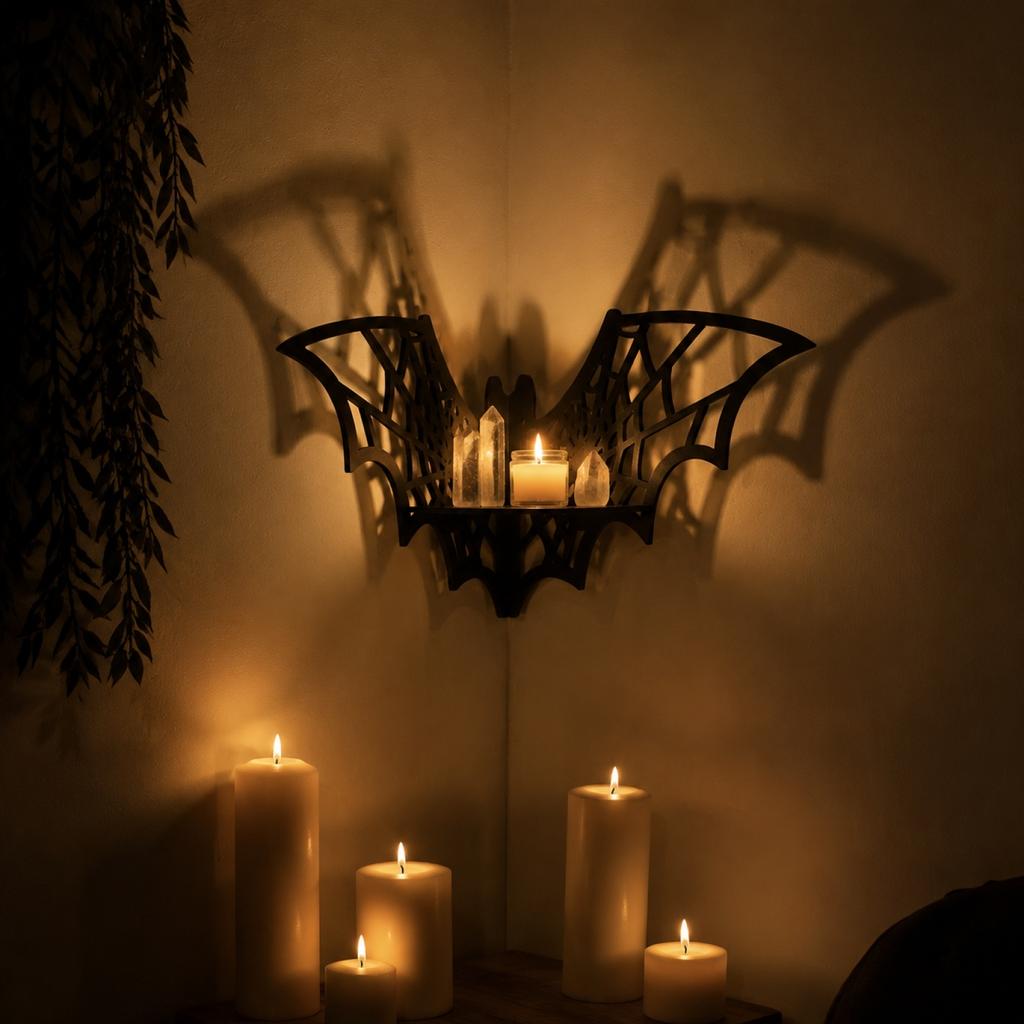 Wooden Hollow Bat Shaped Wall Shelf with Web Design Decorative Storage Rack for Halloween Home Wall Mounted Organizer