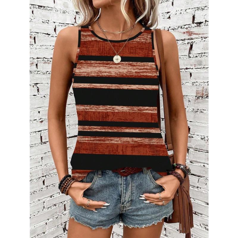 Colorful Stripe Round Neck Butterfly Leopard Creative Element Casual Tank Top Summer Women Blouse