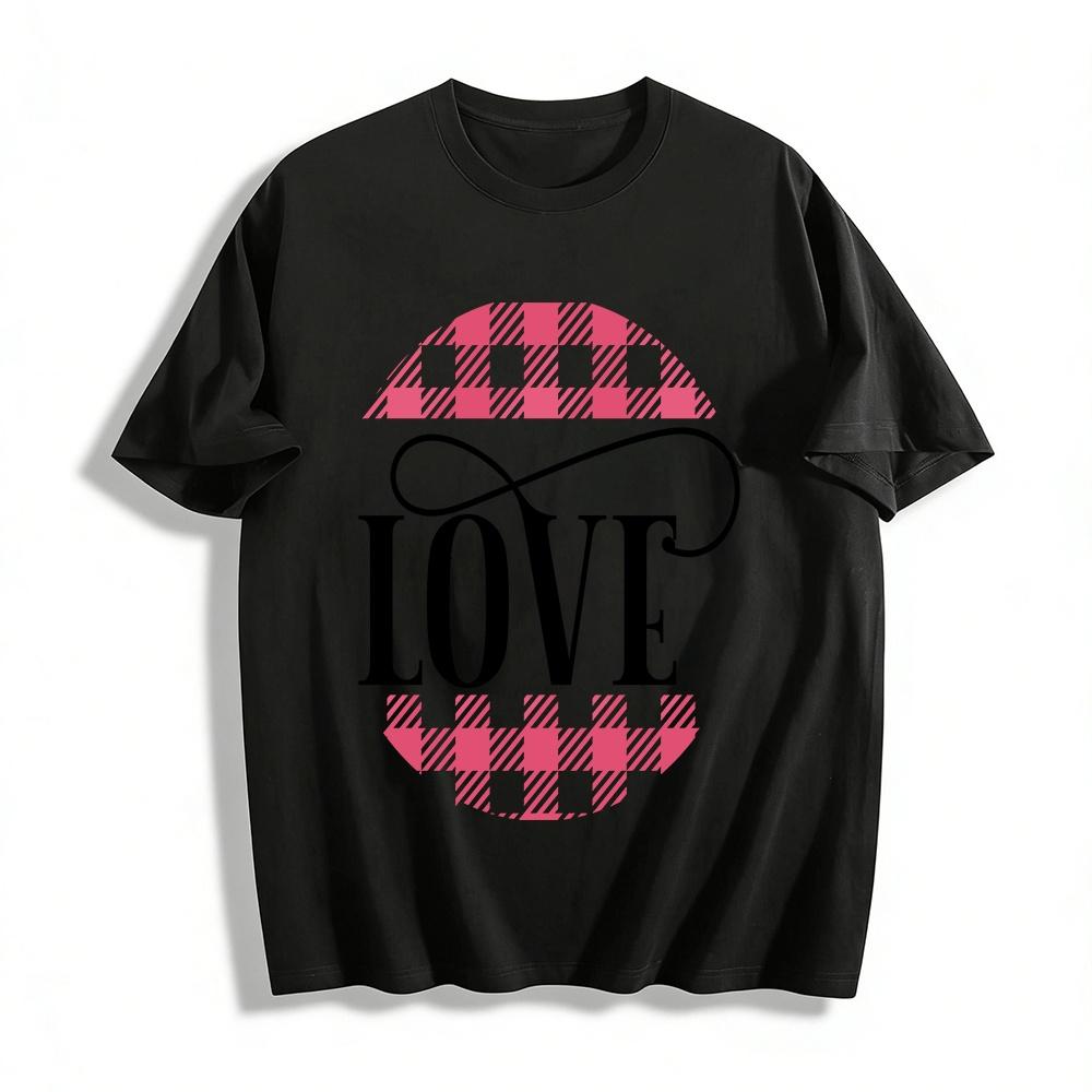 Gingham LOVE Letter Print Casual Tee Retro Style Daily Top Pure cotton T-shirt XXS