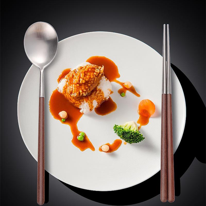 Wooden Handle 304 Stainless Steel Chopsticks Spoon Sets Portable Cutlery Tableware With Storage Box For Office Camp Outdoor