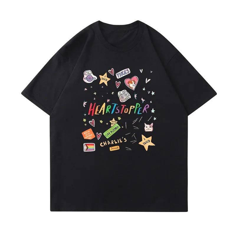 T-shirt Bianca Trendy Heartstopper con Fantasie Colorate e Testo Manica Corta T-shirt Uomo Donna Casual Vintage