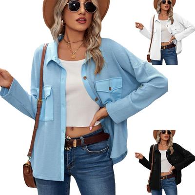 2024 European And American Autumn/Winter New Waffle Pocket Long Sleeve Loose Collar Shirt For Women