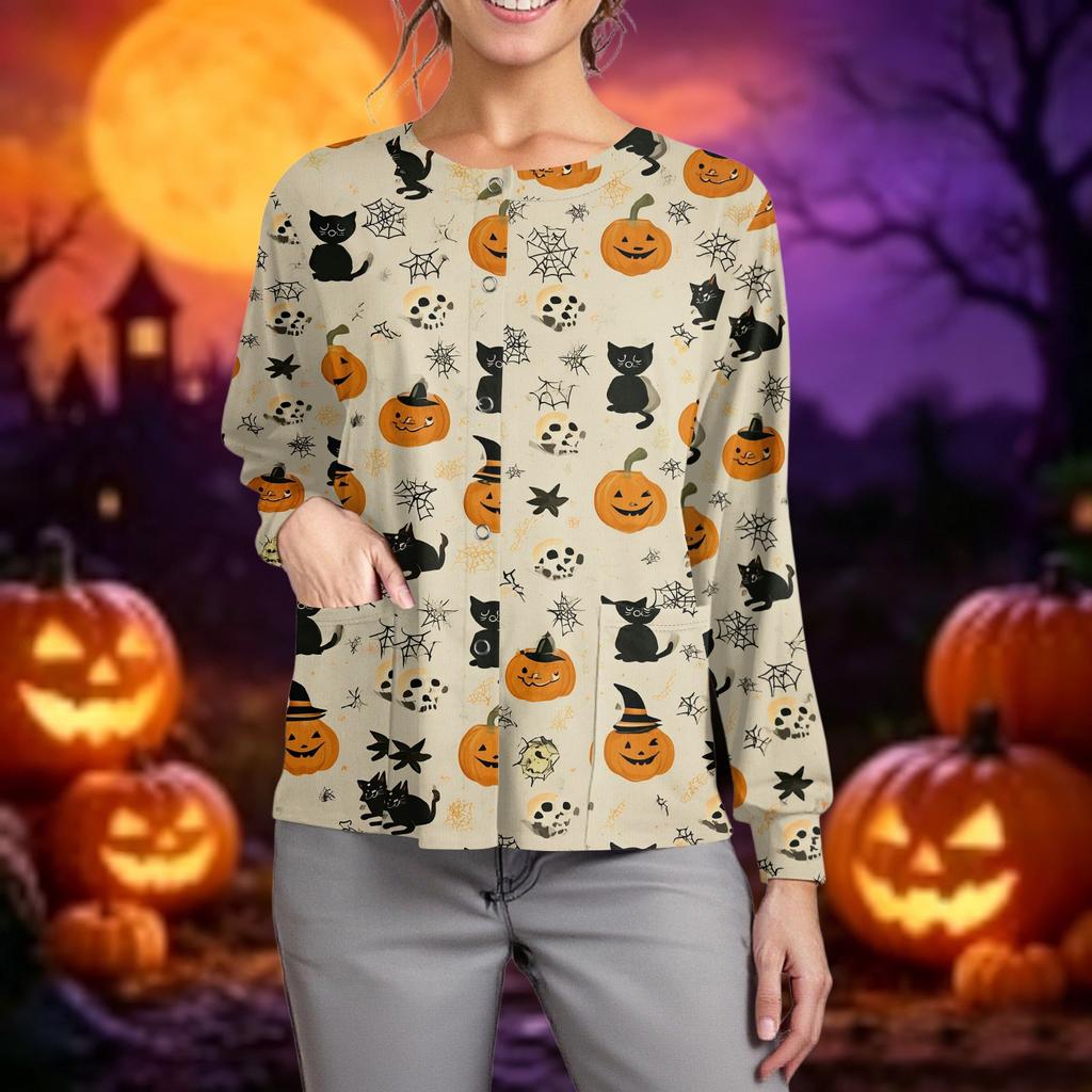 Women's Long Sleeve Button Front Cardigan Halloween Print Spider Web Bat Pattern Casual Lightweight Knitwear Top for Caregivers