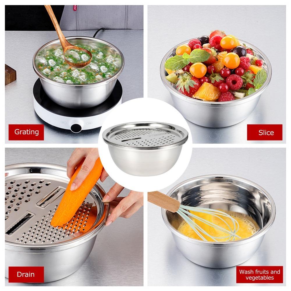 3Pcs Three-in-one Slicing Disc Rustless Steel Drain Basket Practical Washing Basin Food Handling