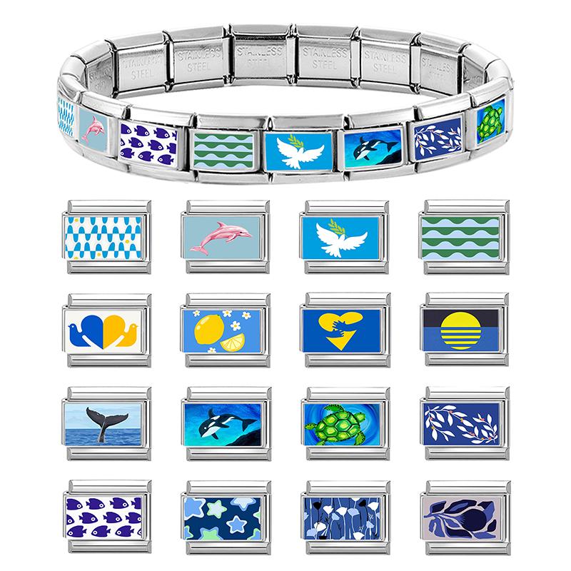Nueva Serie Océano Azul Cola de Pez Luna Estrella Delfín Tortuga Encanto Italiana Enlace Compatible Pulsera de Acero Inoxidable de 9 mm Fabricación DIY Regalo