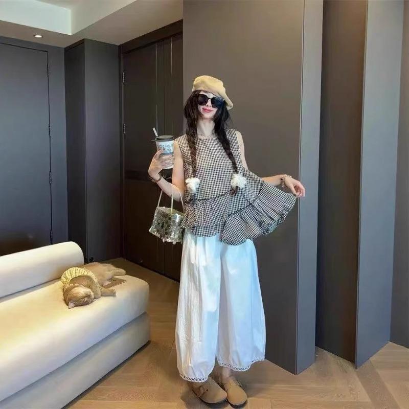 Hollow lace wide-leg pants women's summer thin new design high waist nine-point lantern casual pants