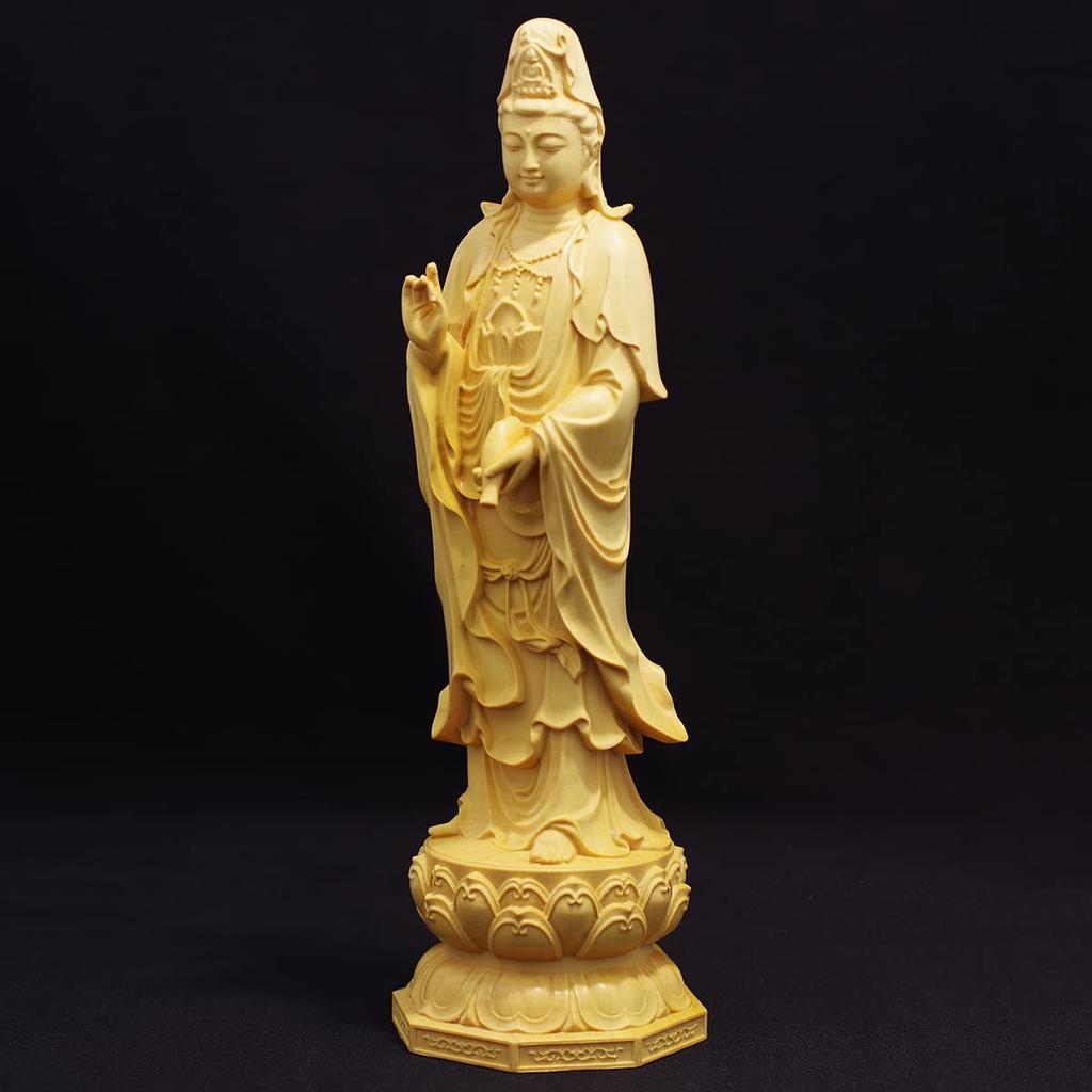 Stehende Kannon Bodhisattva Buddha-Statue, Ungefähr 20 cm hoch, Aus natürlichem Buchsbaum gefertigt, Kannon-Statue, Holzschnitzerei, [Produktcode]