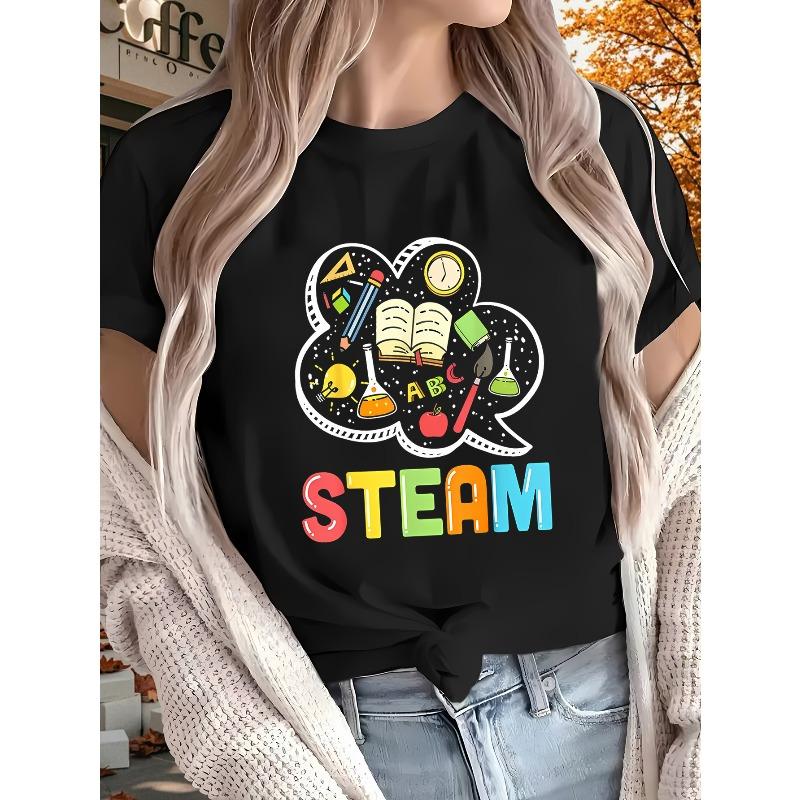 

European Size Women s STEAM Graphic T-Shirt - Polyester Short Sleeve Top with Science Technology Engineering Arts Math Print, All-Season Casual Wear 4XL чорний