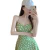 Green Xiao Zou Chrysanthemum Floral Hip-hugging Dress for Women, Summer Fresh Sexy Low-Cut Spaghetti Strap A-Line Skirt, Short Dress