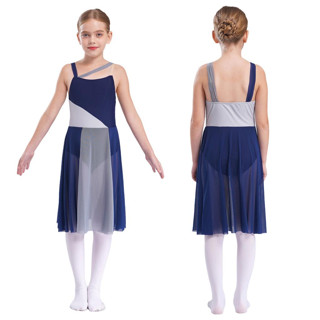 Kids Girls Mesh Overlay Ballet Contemporary Dance Dress Lyrical Leotard Costume Sleeveless Dresses