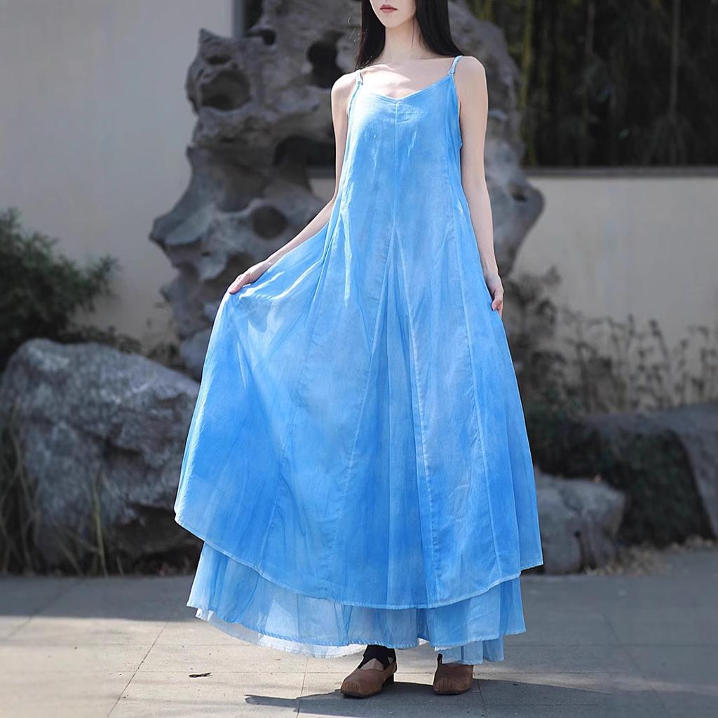 Homemade plant dyeing spray dyeing suspender long dress irregular big swing literary dress cool blue